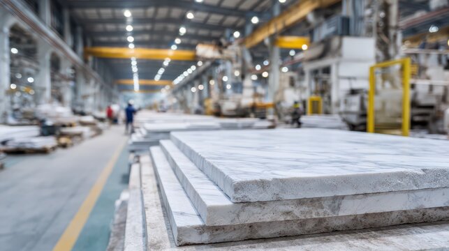 Industrial marble production scene with stacked slabs and equipment
