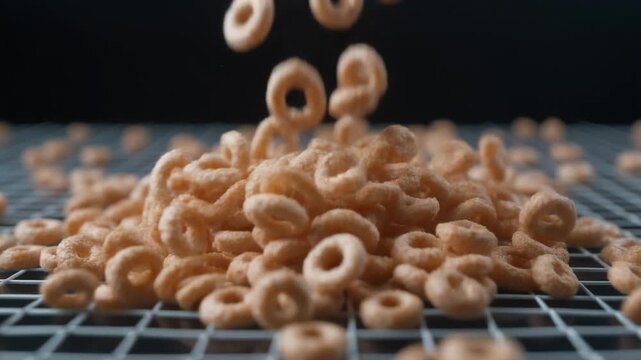 A mess of golden-brown cereal rings scattered on a metal grid