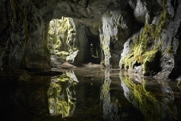 Fototapeta premium Interior view of the Upana Caves on Vancouver Island with stalactites, stalagmites, and a reflective underground pool