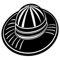 A black and white illustration of a hat with a dome-shaped crown and wide brim viewed from above