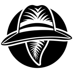 A black and white illustration of a hat featuring a tropical leaf design worn by a person, viewed from the front