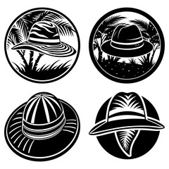 Four black and white illustrations of hats surrounded by palm trees in circular frames showcasing different hat designs and tropical environments