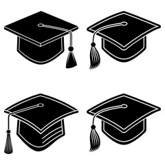 Illustrations of graduation caps with tassels from various viewpoints on a plain white background
