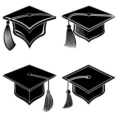 Graduation caps with tassels, a symbol of academic achievement, in various illustrations showcasing different designs and styles