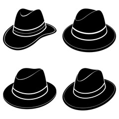 Collection of black hats with white trim, illustrations of various fedora styles and designs, showcasing fashion accessories