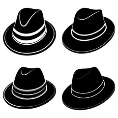Collection of black hats with white trim illustrated in various styles