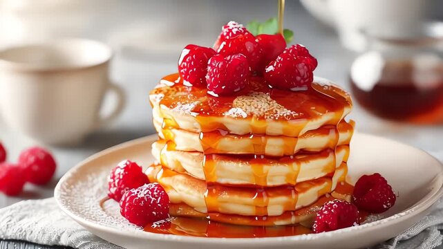 Delicious Pancakes with Raspberries and Syrup.
