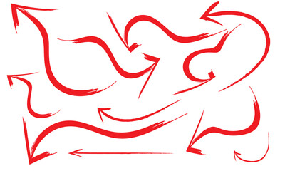 Obraz premium Hand Drawn Arrow Doodles Collection. Set of red hand drawn arrows in sketch style, showing directions, movement, flow and navigation concepts on white background.