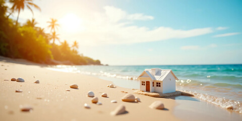 Obraz premium Miniature Beach House Concept on a Coastal Landscape Representing Seaside Living, Vacation Property, Real Estate Investment, Sustainable Lifestyle, and the Dream of a Relaxed Home by the Ocean