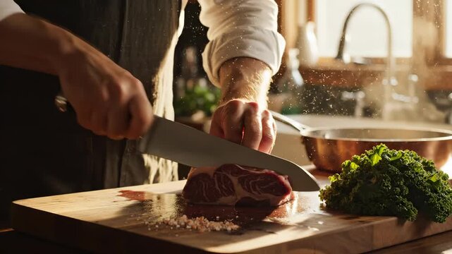 Chef cuts raw meat on wooden board. Hands slice steak with sharp knife. Chef prepares fresh meat for cooking. Cutting beef on board in sunny kitchen. Cook slices meat near green vegetable.