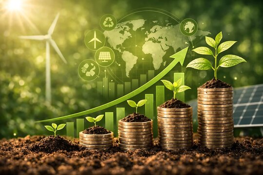 Sustainable Financial Growth Concept with Seedlings and Upward Business Chart in Green Economy