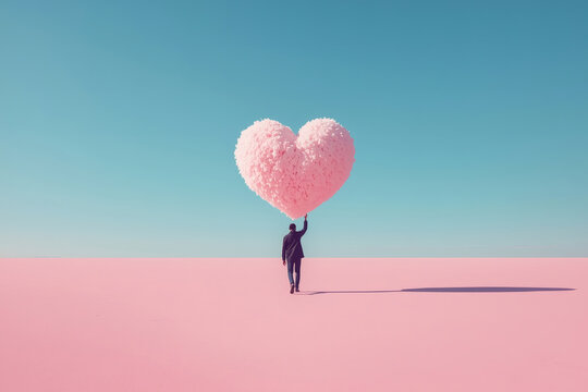 Valentine's Day. A surreal scene. A man in a black suit walks through a pink expanse under a blue sky. He holds a large, fluffy, pink heart in his hand.