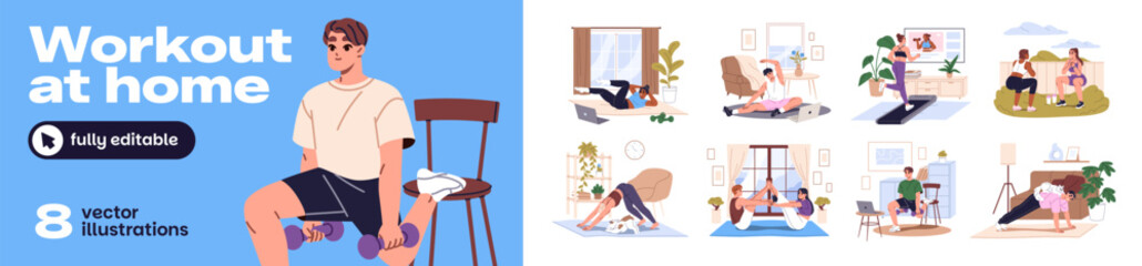 Obraz premium Home workout set. People are training with sports equipment. Men and women practice yoga poses, physical exercises and stretch. Characters do fitness. Flat isolated vector illustrations on white