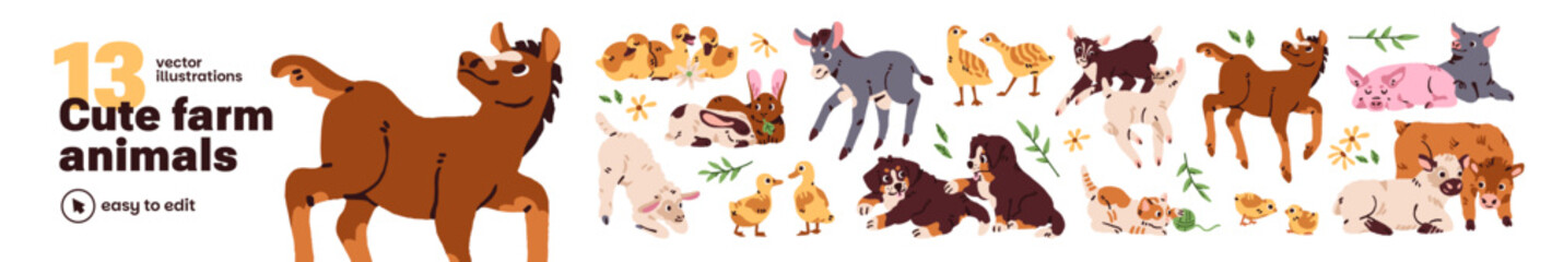 Naklejka premium Cute baby farm animals set. Funny kids of livestock. Calves, puppies, kittens, chicken, ducklings, lamb and little horse play and have fun. Flat isolated vector illustrations on white background