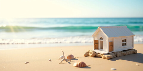 Naklejka premium Miniature Beach House Concept on a Coastal Landscape Representing Seaside Living, Vacation Property, Real Estate Investment, Sustainable Lifestyle, and the Dream of a Relaxed Home by the Ocean