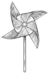 Vintage hand-drawn pinwheel illustration with intricate line art and classic children's toy design