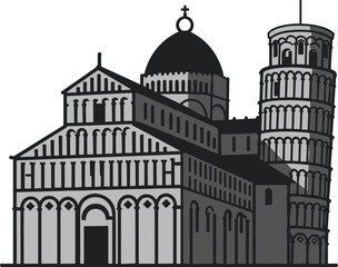 Leaning Tower of Pisa and Pisa Cathedral in Stylized Romanesque Architecture for Historical Landmark Vector Illustration and Italian Travel Design