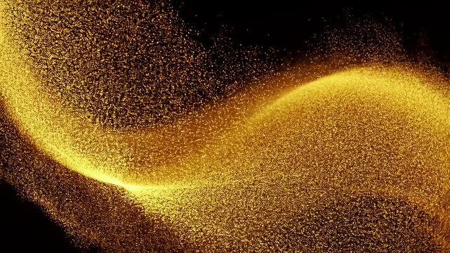 Golden particles swirling in a mesmerizing wave pattern against a dark background. Ideal for creating a sense of luxury, elegance, and celebration