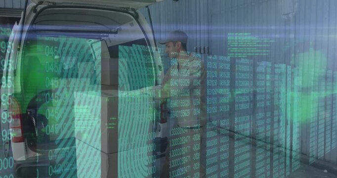 Animation of data and lights over caucasian male courier with packages