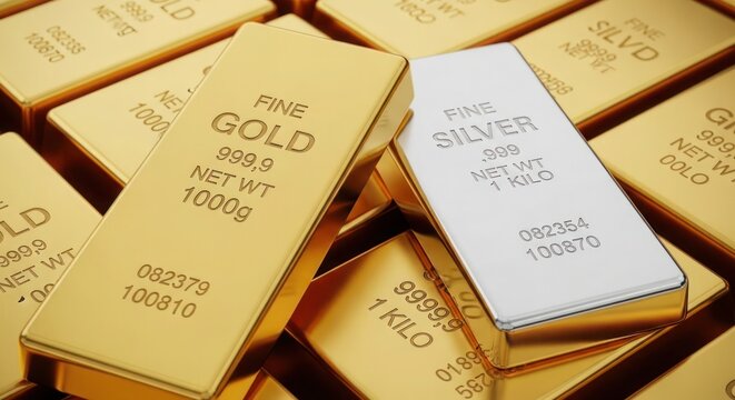 Bars of gold and silver ingots stacked together, precious metals