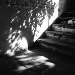 Shadowed leaves casting patterns on wall near stairs. Black and white