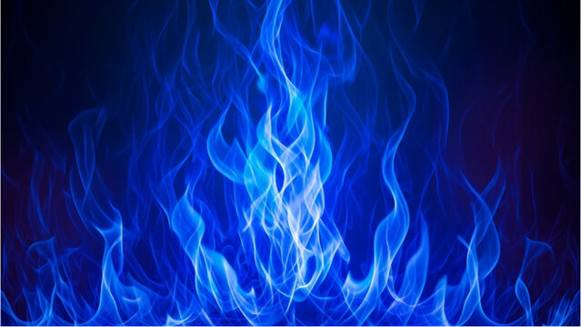 Vibrant blue flames dancing intensely in a dark environment viewed frontally