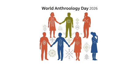 Illustration of diverse people holding hands in a circle for World Anthropology Day 2020 against a clean background with icons.