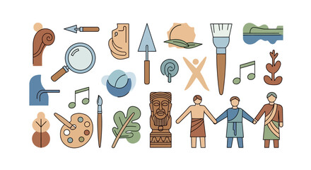 Illustration of various icons representing Anthropology, including people, artifacts, and symbols, against a clean white background with a mix of earthy and vibrant colors.