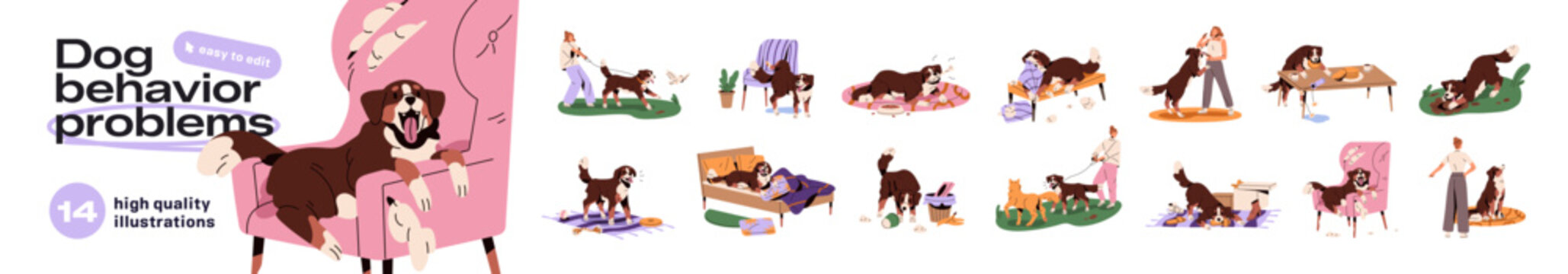 Dog behavior problems set. Naughty puppy is barking, stealing food, chewing things, pulling leash. Mischievous pet makes destroy. Bad obedience of animal. Flat isolated vector illustrations on white