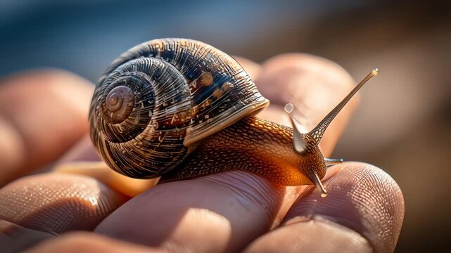 Snail on a human hand closeup.