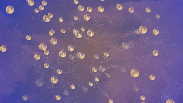 Animation of network of connections with icons over shapes on blue background