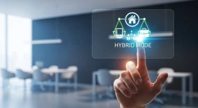 Future of work concept, hand touching Hybrid Mode icon, representing flexible office policy, remote and on site balance, and modern employment trends.