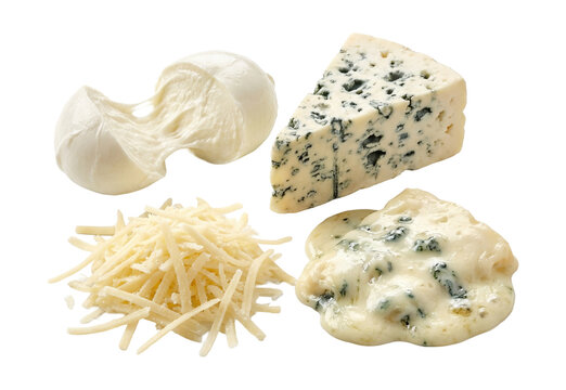 Mini four-cheese set featuring distinct textures: stretchy mozzarella, crumbly blue, grated parmesan, creamy gorgonzola melt