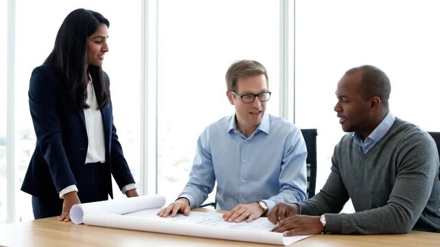 Multi-Ethnic Team of Architects and Engineers Discussing Building Blueprints in Bright Modern Corporate Office, Collaboration and Design Planning Meeting.