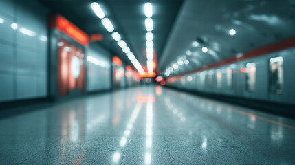 Fototapeta premium Ai underground station with bright lights and reflections on the floor at night with empty platforms visible