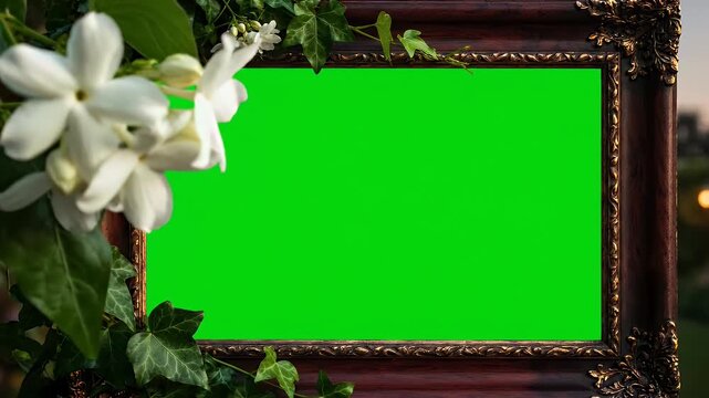 Ornate wooden frame with vibrant green screen for chroma key video projects, adorned with delicate white flowers and verdant ivy foliage