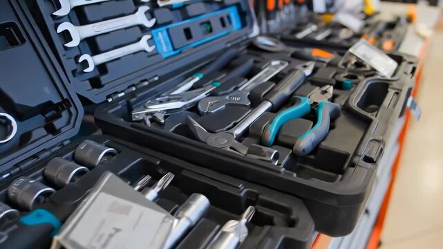 An open toolbox displays a variety of silver wrenches and socket tools neatly arranged in a black plastic case. The tools are organized for easy access and storage, showcasing a complete set for mecha