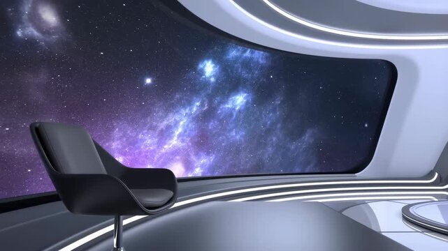 Futuristic studio with a sleek chair and cosmic backdrop. Ideal for sci-fi themes, interviews, or virtual presentations