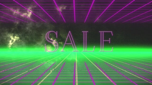 Animated green grid and line move, with static yellow clouds and purple sale sign.