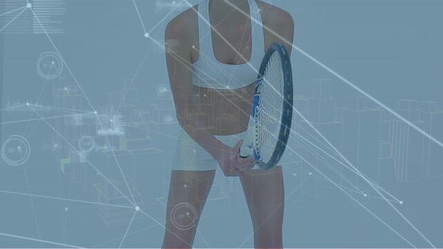 Animation of network of connections over female caucasian tennis player on the court