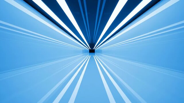 Rapid movement through a clean, minimalist tunnel defined by sharp parallel icy blue light lines against a stark white futuristic void abstract, light effect, business concept