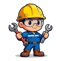 Fototapeta premium Cartoon CHIBI style construction worker. Active working posture. Ideal icon for logo, badge, branding, company mascot.