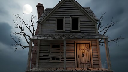 Creepy abandoned house under moonlight with open door