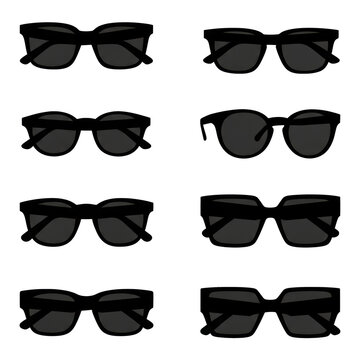 nine diverse, modern eyewear frames (rectangular, panto, square) presented as pure black, high-contrast vector silhouettes isolated on a bright white background. concept for high-end fashion branding