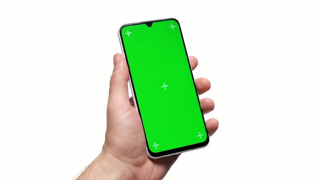 Hand Holding a Modern Smartphone with a Green Screen Display, Ready for Custom Content Creation