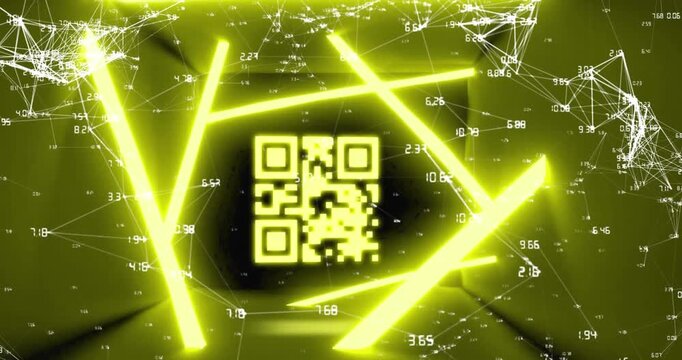 Animation of flickering qr code over connections with numbers and neon lights