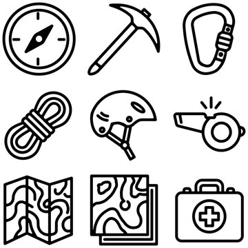 Outdoor Adventure Gear Icons Set