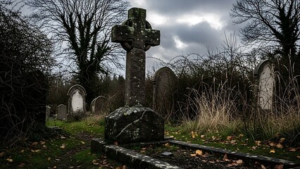 Old celtic cross in a cemetery with cloudy sky