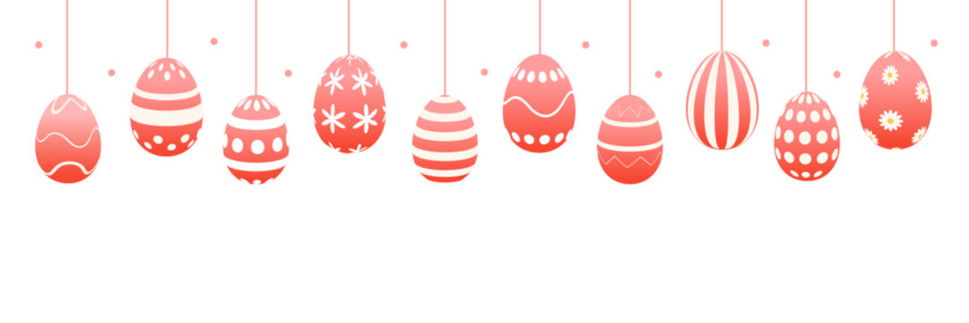 Garland of hanging pink Easter eggs with stripes, dots, stars and floral patterns. Festive gradient vector border for holiday greetings, banners and spring decorations.