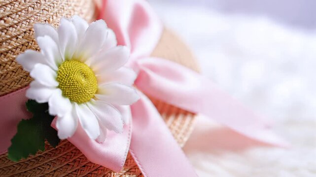 Close-up of a delicate straw hat adorned with a white daisy flower and a soft pink ribbon bow, evoking a gentle spring aesthetic.
